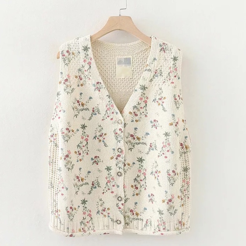 Vest floral knit womens vneck top flower cream - Picture 1 of 4